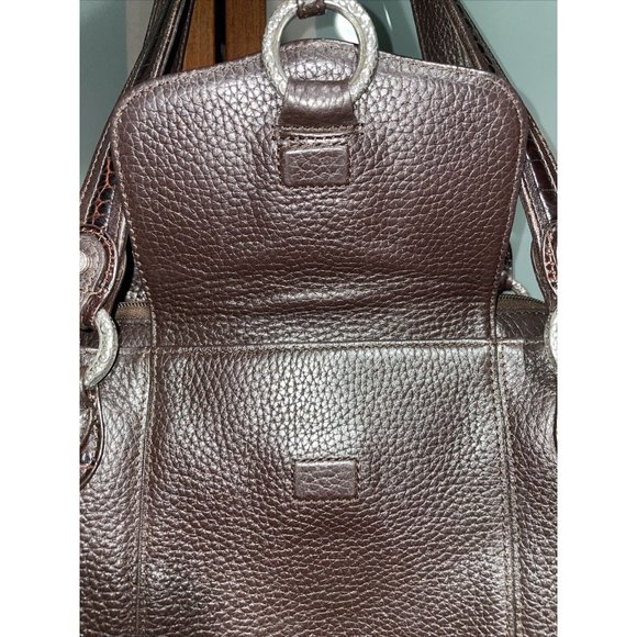 BRIGHTON Croc Embossed Brown Pebbled Leather Silver Accented Shoulder Hand Bag - Picture 7 of 13